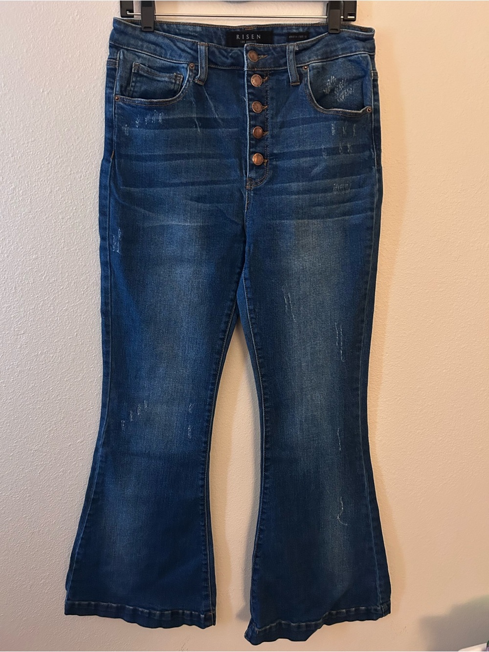 Women's Risen Blue High-Rise Button-Fly Flare Jeans 31/13